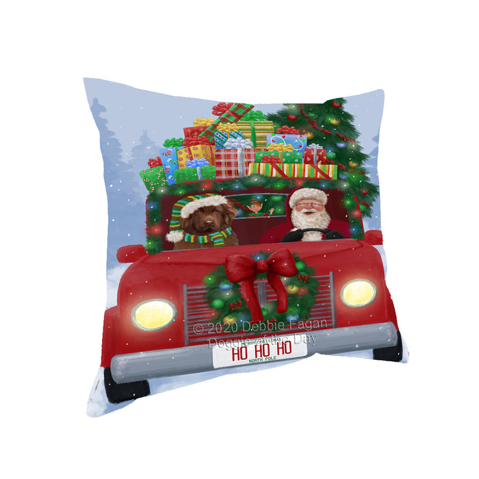 Christmas Honk Honk Red Truck Here Comes with Santa and Newfoundland Dog Pillow PIL86472