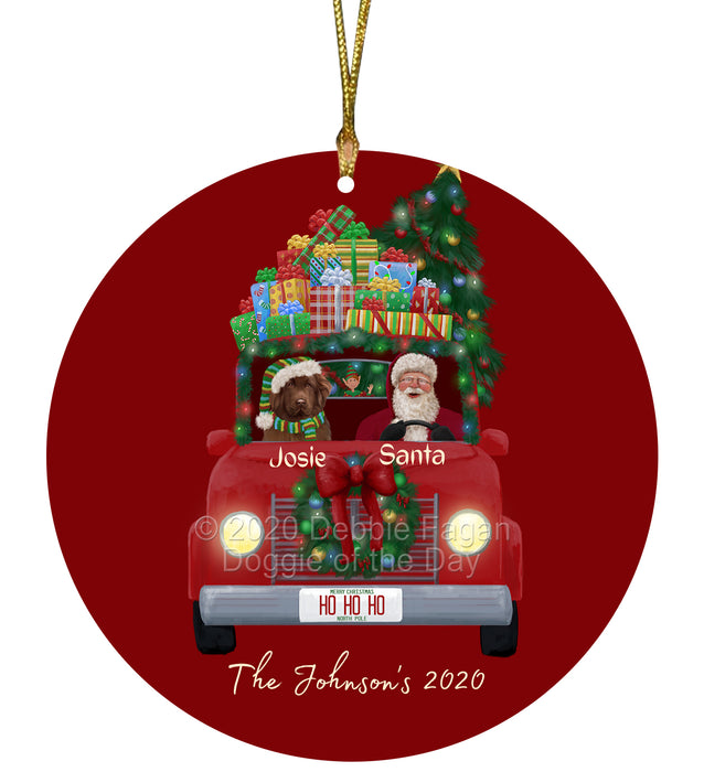 Personalized Christmas Honk Honk Red Truck Here Comes with Santa and Newfoundland Dog Round Flat Ornament PRBPOR59095