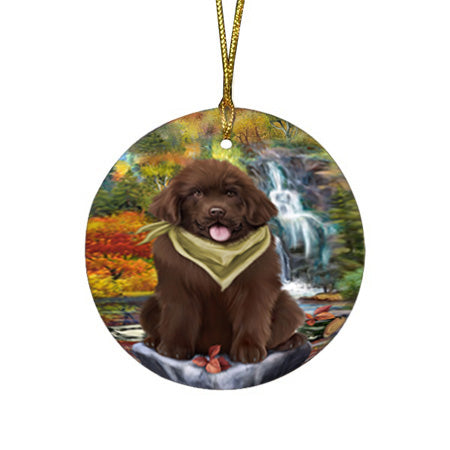 Scenic Waterfall Newfoundland Dog Round Flat Christmas Ornament RFPOR54792