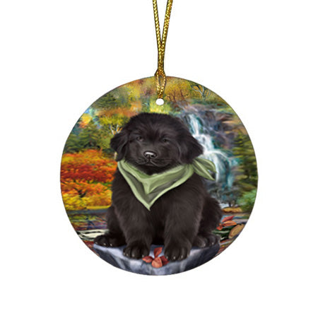 Scenic Waterfall Newfoundland Dog Round Flat Christmas Ornament RFPOR54794
