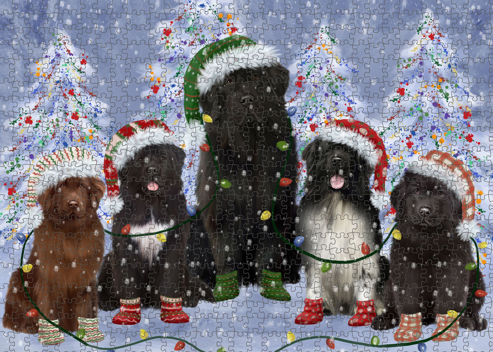 Christmas Lights and Newfoundland Dogs Portrait Jigsaw Puzzle for Adults Animal Interlocking Puzzle Game Unique Gift for Dog Lover's with Metal Tin Box