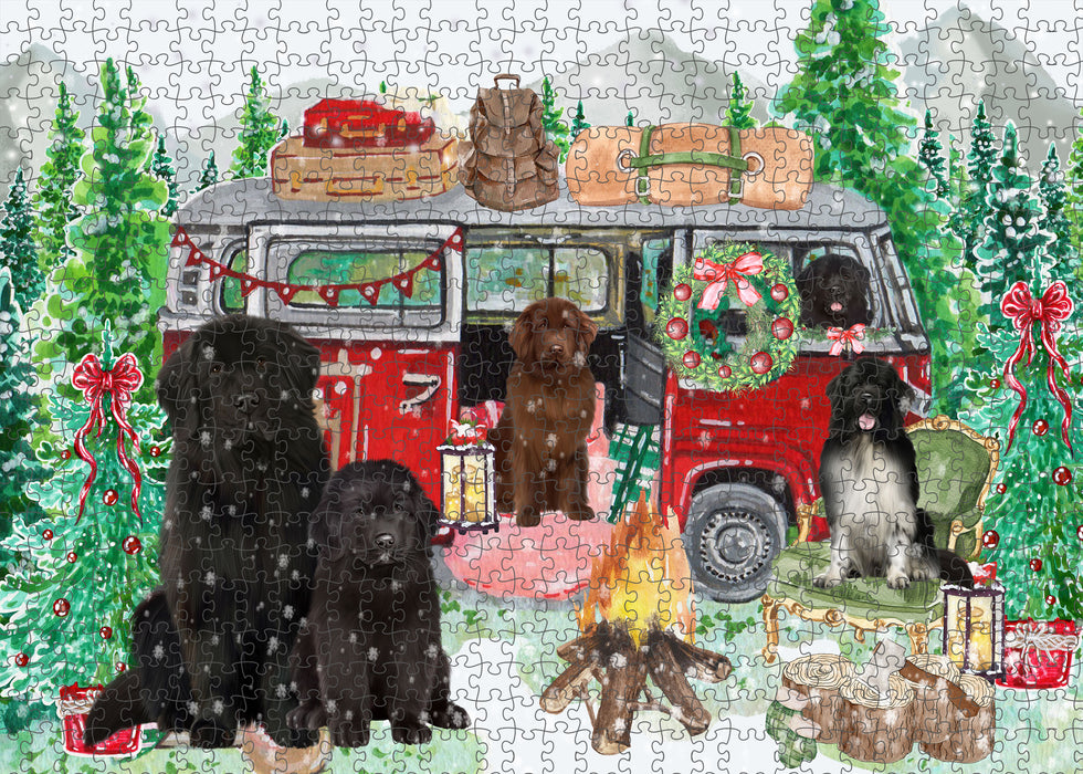 Christmas Time Camping with Newfoundland Dogs Portrait Jigsaw Puzzle for Adults Animal Interlocking Puzzle Game Unique Gift for Dog Lover's with Metal Tin Box