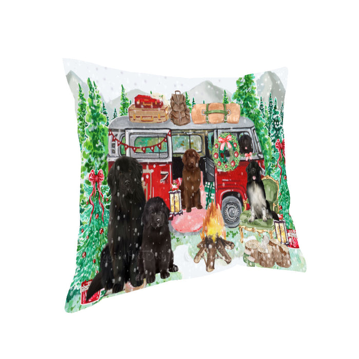 Christmas Time Camping with Newfoundland Dogs Pillow with Top Quality High-Resolution Images - Ultra Soft Pet Pillows for Sleeping - Reversible & Comfort - Ideal Gift for Dog Lover - Cushion for Sofa Couch Bed - 100% Polyester