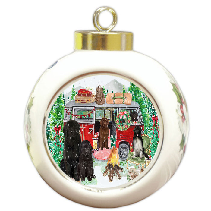 Christmas Time Camping with Newfoundland Dogs Round Ball Christmas Ornament Pet Decorative Hanging Ornaments for Christmas X-mas Tree Decorations - 3" Round Ceramic Ornament