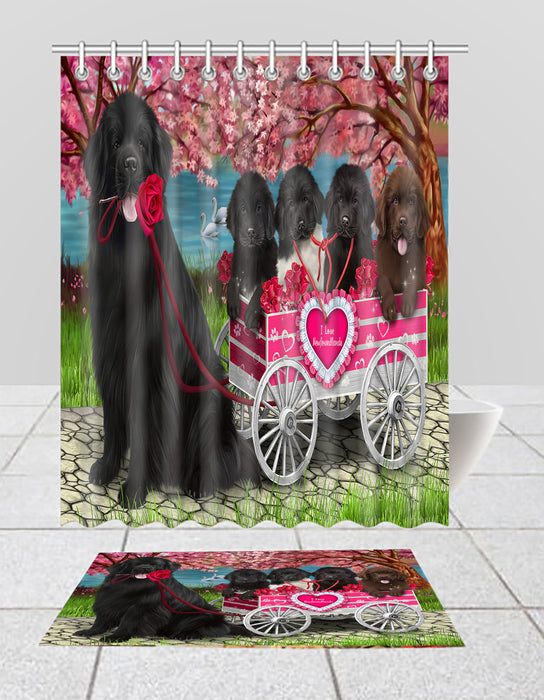 I Love Newfoundland Dogs in a Cart Bath Mat and Shower Curtain Combo