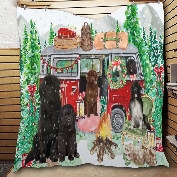 Christmas Time Camping with Newfoundland Dogs  Quilt Bed Coverlet Bedspread - Pets Comforter Unique One-side Animal Printing - Soft Lightweight Durable Washable Polyester Quilt