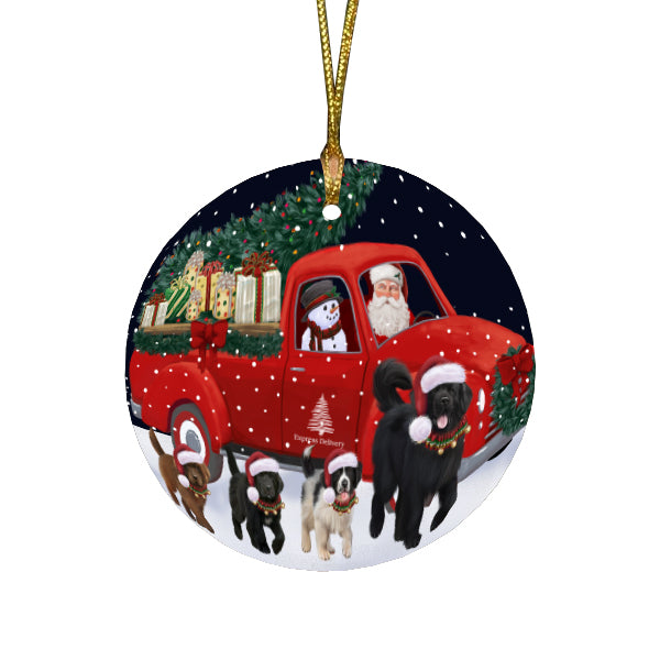 Christmas Express Delivery Red Truck Running Newfoundland Dogs Round Flat Christmas Ornament RFPOR57760