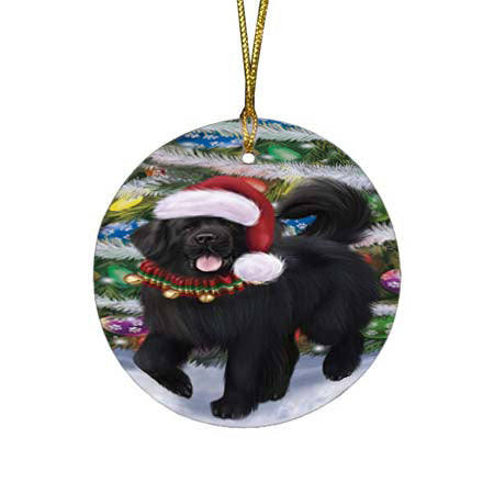 Trotting in the Snow Newfoundland Dog Round Flat Christmas Ornament RFPOR55804