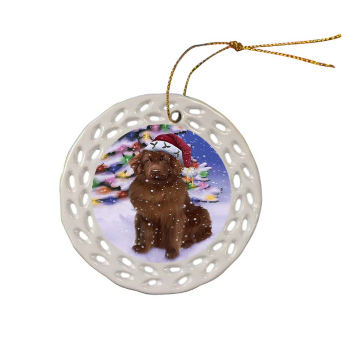 Winterland Wonderland Newfoundland Dog In Christmas Holiday Scenic Background Ceramic Doily Ornament DPOR56063