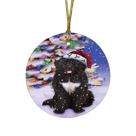 Winterland Wonderland Newfoundland Dog In Christmas Holiday Scenic Background Round Flat Christmas Ornament RFPOR56064