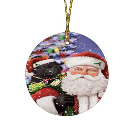 Santa Carrying Newfoundland Dog and Christmas Presents Round Flat Christmas Ornament RFPOR55867