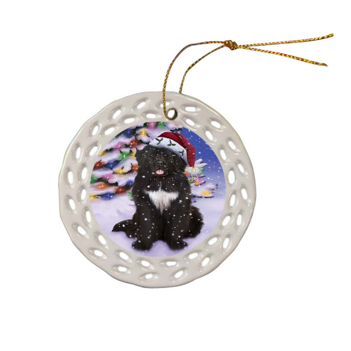 Winterland Wonderland Newfoundland Dog In Christmas Holiday Scenic Background Ceramic Doily Ornament DPOR56064