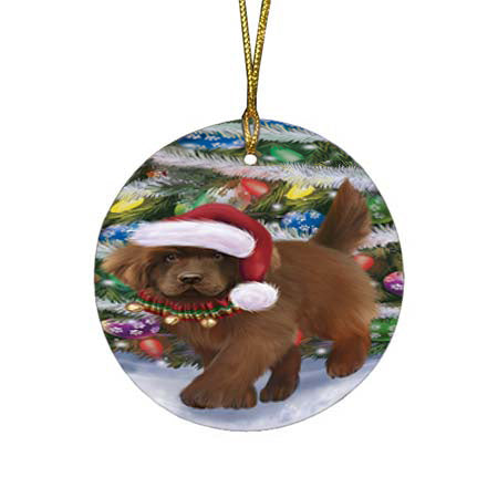 Trotting in the Snow Newfoundland Dog Round Flat Christmas Ornament RFPOR55805