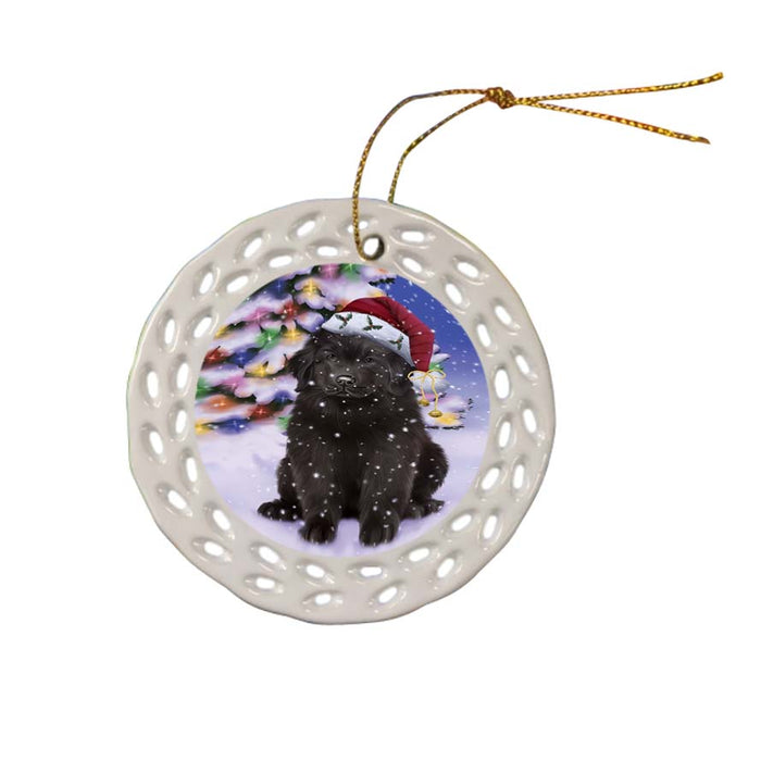 Winterland Wonderland Newfoundland Dog In Christmas Holiday Scenic Background Ceramic Doily Ornament DPOR56065