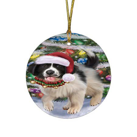 Trotting in the Snow Newfoundland Dog Round Flat Christmas Ornament RFPOR55806