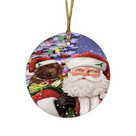 Santa Carrying Newfoundland Dog and Christmas Presents Round Flat Christmas Ornament RFPOR55868