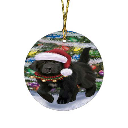 Trotting in the Snow Newfoundland Dog Round Flat Christmas Ornament RFPOR55807