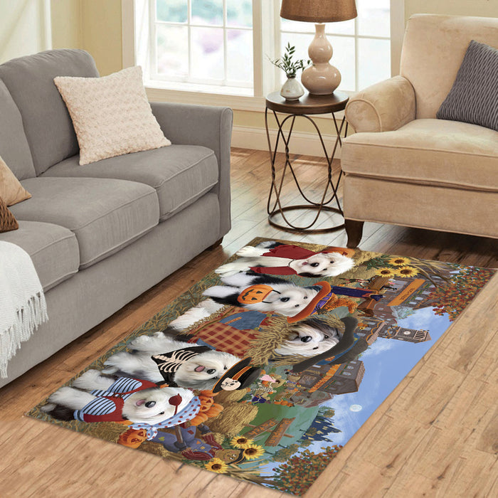 Halloween 'Round Town and Fall Pumpkin Scarecrow Both Old English Sheepdogs Area Rug