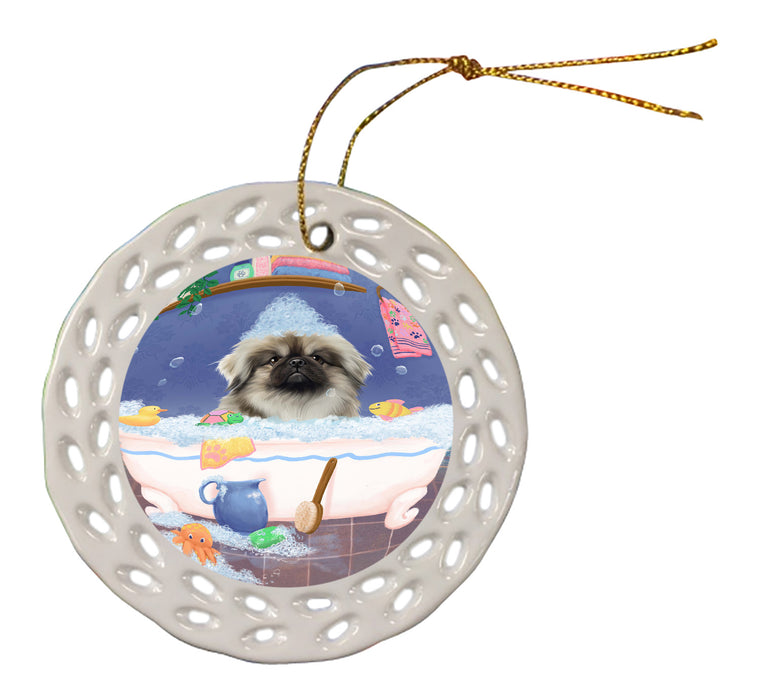 Rub A Dub Dog In A Tub Pekingese Dog Doily Ornament DPOR58295