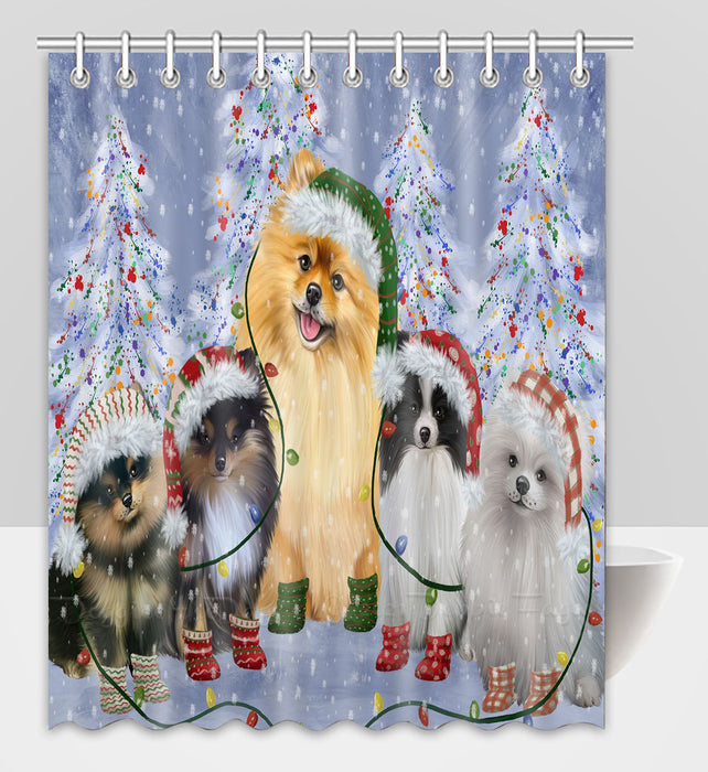 Christmas Lights and Pomeranian Dogs Shower Curtain Pet Painting Bathtub Curtain Waterproof Polyester One-Side Printing Decor Bath Tub Curtain for Bathroom with Hooks
