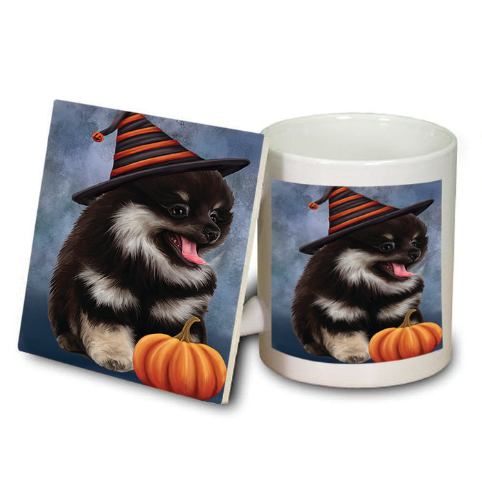 Happy Halloween Pomeranian Dog Wearing Witch Hat with Pumpkin Mug and Coaster Set MUC54985