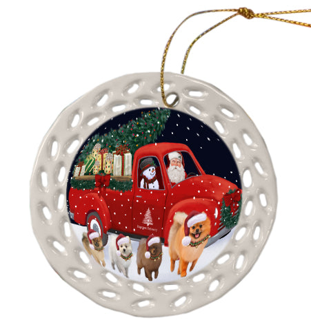 Christmas Express Delivery Red Truck Running Pomeranian Dog Doily Ornament DPOR59287