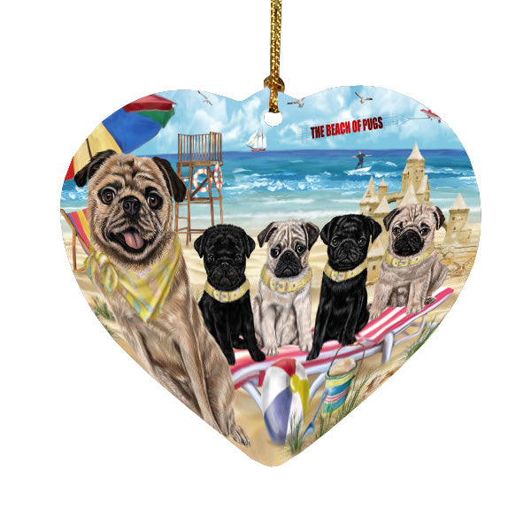 Pet Friendly Beach Pug Dogs Heart Christmas Ornament HPORA58865