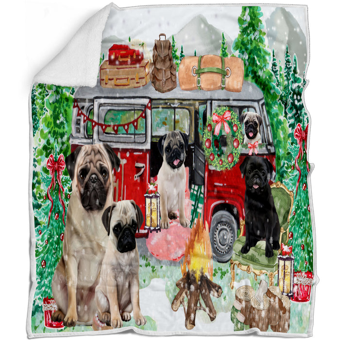 Christmas Time Camping with Pug Dogs Blanket - Lightweight Soft Cozy and Durable Bed Blanket - Animal Theme Fuzzy Blanket for Sofa Couch