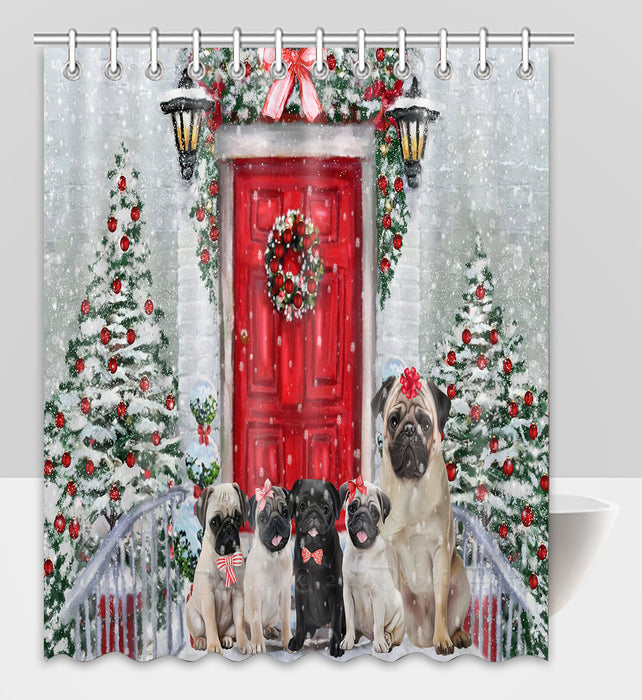 Christmas Holiday Welcome Pug Dogs Shower Curtain Pet Painting Bathtub Curtain Waterproof Polyester One-Side Printing Decor Bath Tub Curtain for Bathroom with Hooks