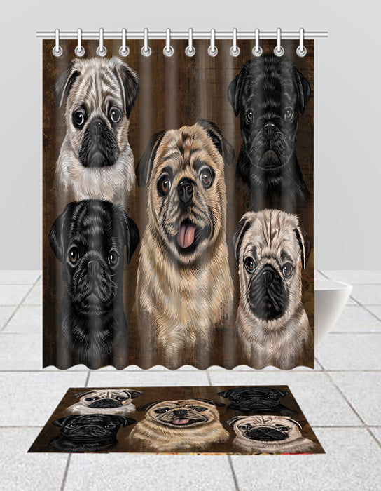 Rustic Pug Dogs Bath Mat and Shower Curtain Combo