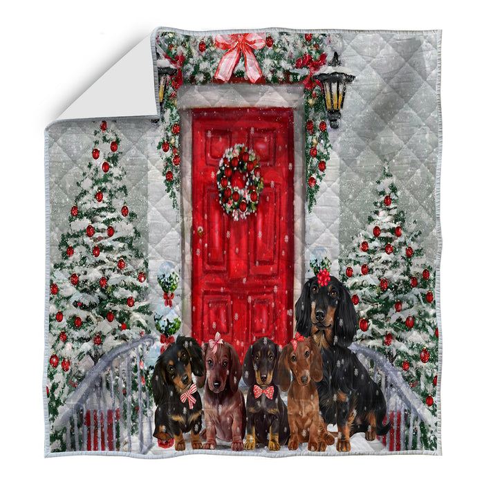 Christmas Holiday Welcome Red Door Dachshund Dogs Quilt Bed Coverlet Bedspread Comforter One-side Animal Printing - Soft Lightweight Washable Polyester Quilt
