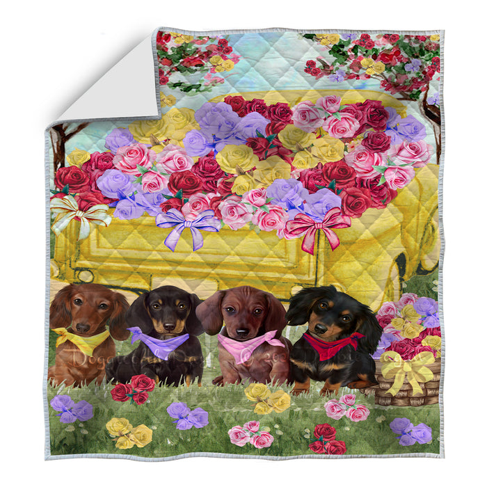 Floral Yellow Truck Dachshund Dogs Quilt Bed Coverlet Bedspread - Pets Comforter Unique One-side Animal Printing - Soft Lightweight Durable Washable Polyester Quilt