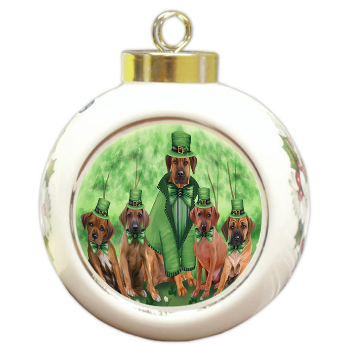 St. Patricks Day Irish Family Portrait Rhodesian Ridgebacks Dog Round Ball Christmas Ornament RBPOR49368