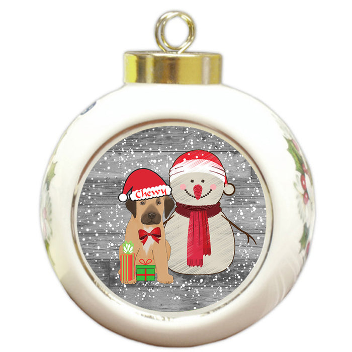 Custom Personalized Snowy Snowman and Rhodesian Ridgeback Dog Christmas Round Ball Ornament