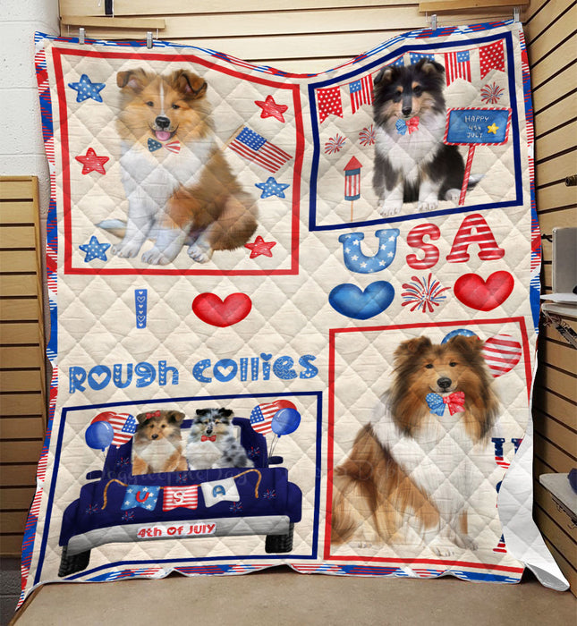 4th of July Independence Day I Love USA Rough Collie Dogs Quilt Bed Coverlet Bedspread - Pets Comforter Unique One-side Animal Printing - Soft Lightweight Durable Washable Polyester Quilt