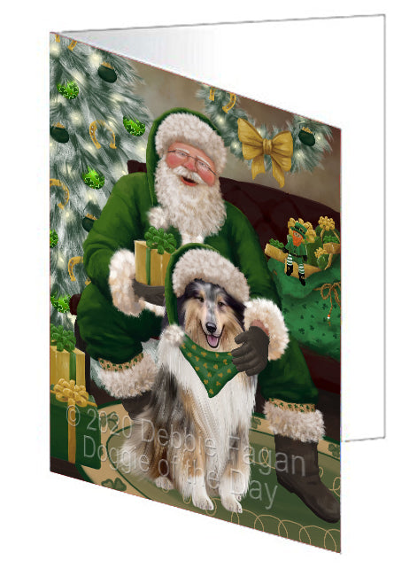 Christmas Irish Santa with Gift and Rough Collie Dog Handmade Artwork Assorted Pets Greeting Cards and Note Cards with Envelopes for All Occasions and Holiday Seasons GCD75956