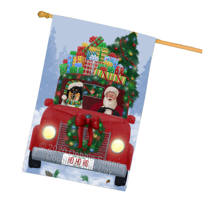 Christmas Honk Honk Red Truck Here Comes with Santa and Rough Collie Dog House Flag FLG66638
