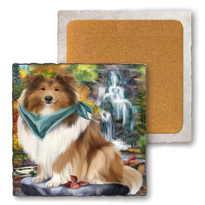 Scenic Waterfall Rough Collie Dog Set of 4 Natural Stone Marble Tile Coasters MCST49677