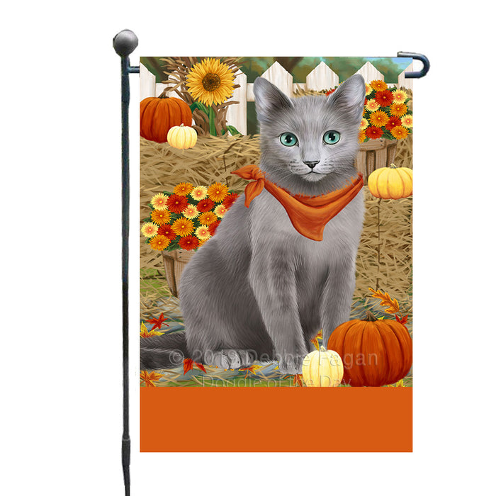 Personalized Fall Autumn Greeting Russian Blue Cat with Pumpkins Custom Garden Flags GFLG-DOTD-A62025