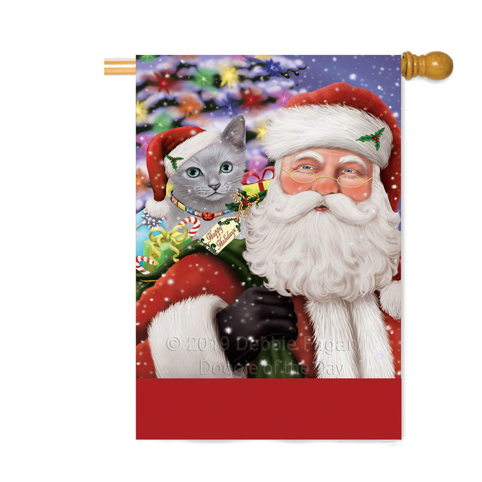 Personalized Santa Carrying Russian Blue Cat and Christmas Presents Custom House Flag FLG-DOTD-A63511