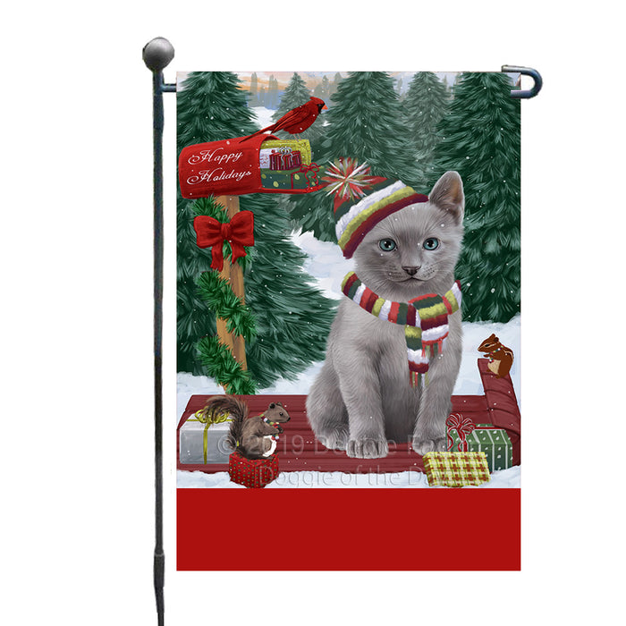 Personalized Merry Christmas Woodland Sled  Russian Blue Cat Custom Garden Flags GFLG-DOTD-A61671
