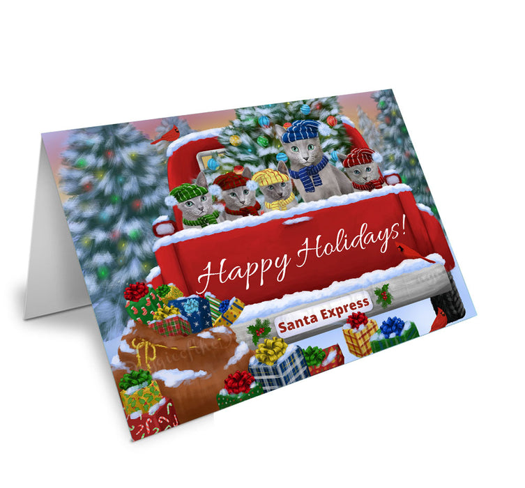 Christmas Red Truck Travlin Home for the Holidays Russian Blue Cats Handmade Artwork Assorted Pets Greeting Cards and Note Cards with Envelopes for All Occasions and Holiday Seasons