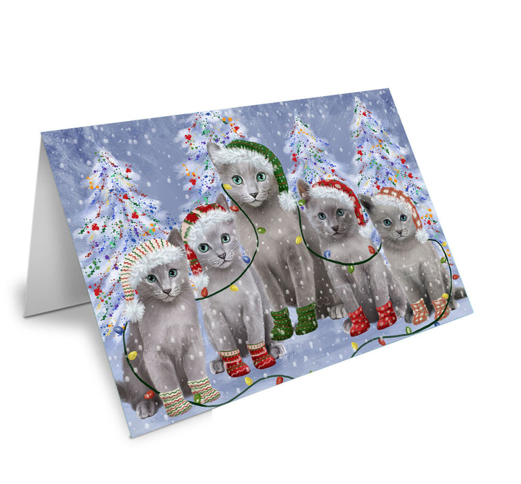 Christmas Lights and Russian Blue Cats Handmade Artwork Assorted Pets Greeting Cards and Note Cards with Envelopes for All Occasions and Holiday Seasons