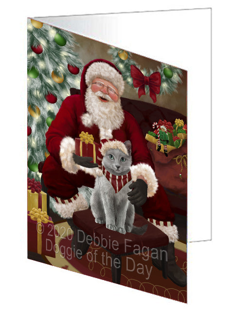 Santa's Christmas Surprise Russian Blue Cat Handmade Artwork Assorted Pets Greeting Cards and Note Cards with Envelopes for All Occasions and Holiday Seasons