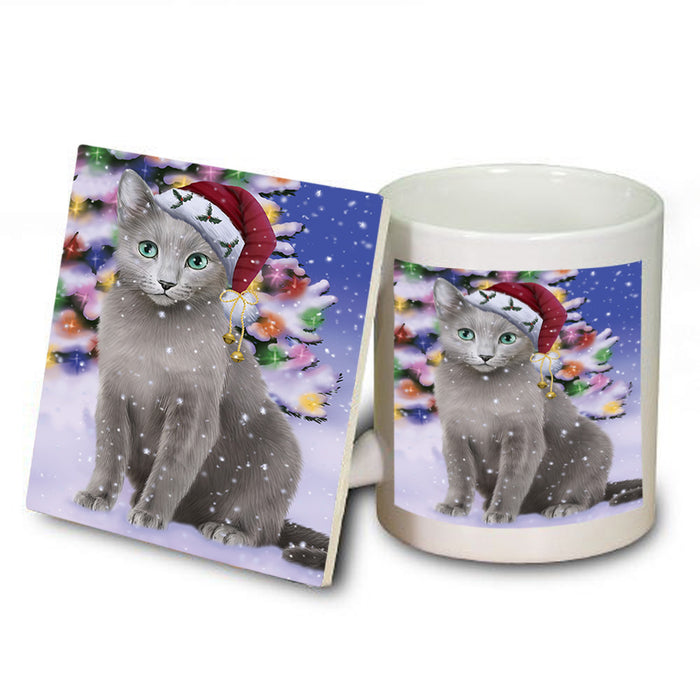 Winterland Wonderland Russian Blue Cat In Christmas Holiday Scenic Background Mug and Coaster Set MUC53767