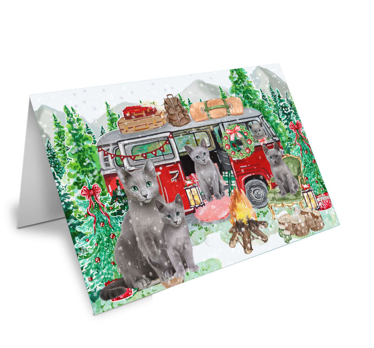 Christmas Time Camping with Russian Blue Cats Handmade Artwork Assorted Pets Greeting Cards and Note Cards with Envelopes for All Occasions and Holiday Seasons