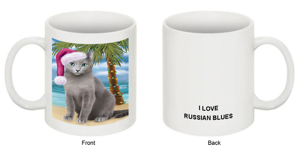 Summertime Happy Holidays Christmas Russian Blue Cat on Tropical Island Beach Coffee Mug MUG49847