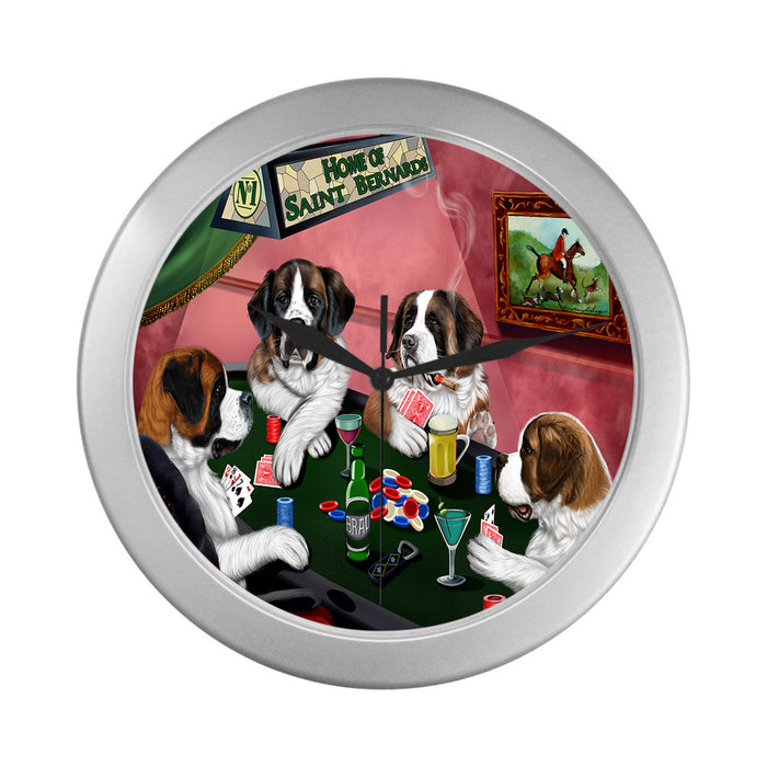 Home of Saint Bernard Dogs Playing Poker Silver Wall Clocks