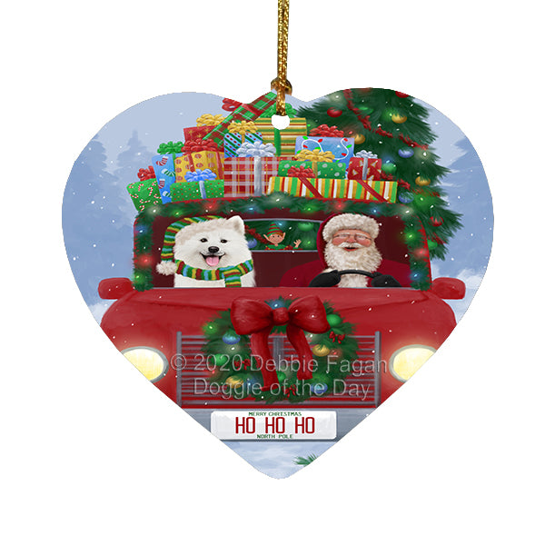 Christmas Honk Honk Red Truck Here Comes with Santa and Samoyed Dog Heart Christmas Ornament RFPOR58210