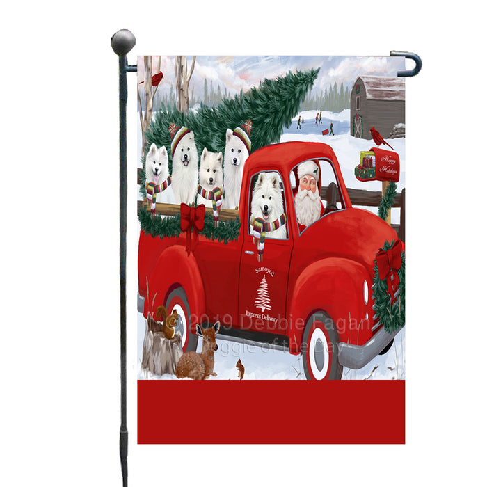 Personalized Christmas Santa Red Truck Express Delivery Samoyed Dogs Custom Garden Flags GFLG-DOTD-A57678